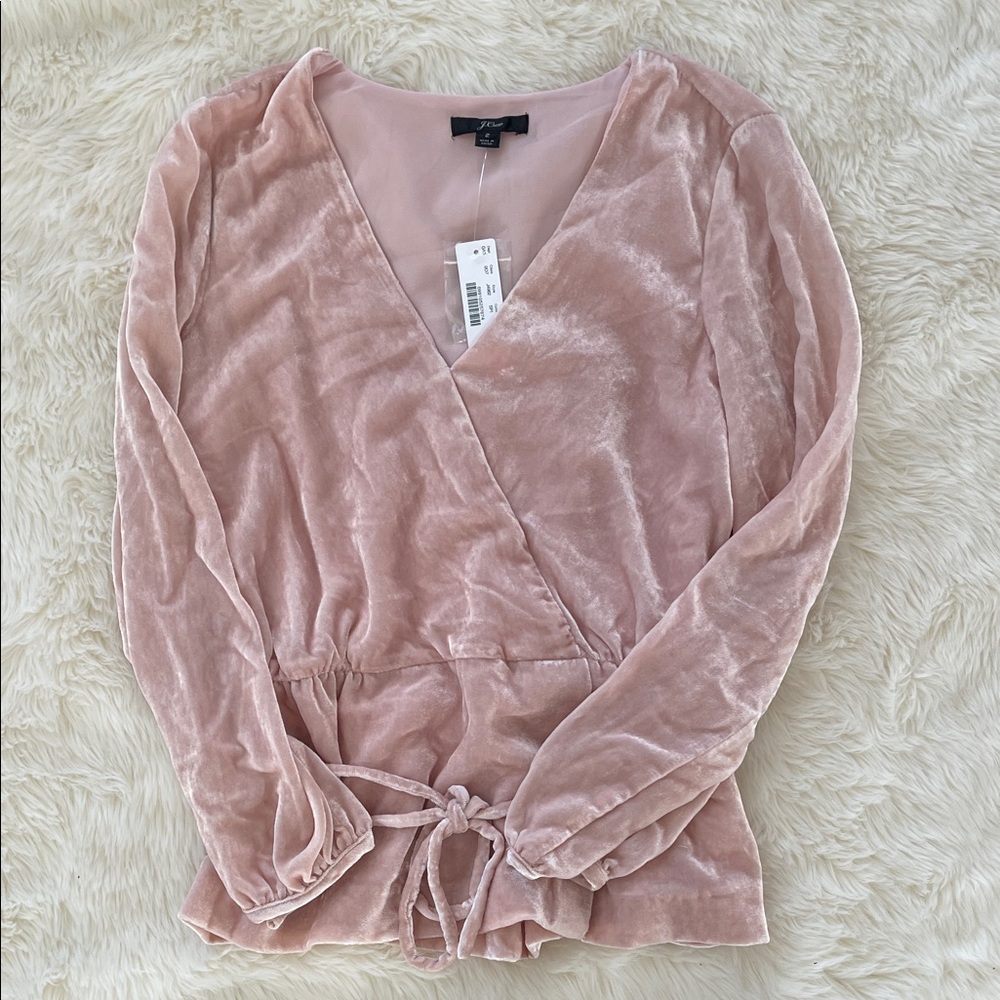 NWT J. Crew Blush Pink Velvet Peplum Tie Blouse size 2